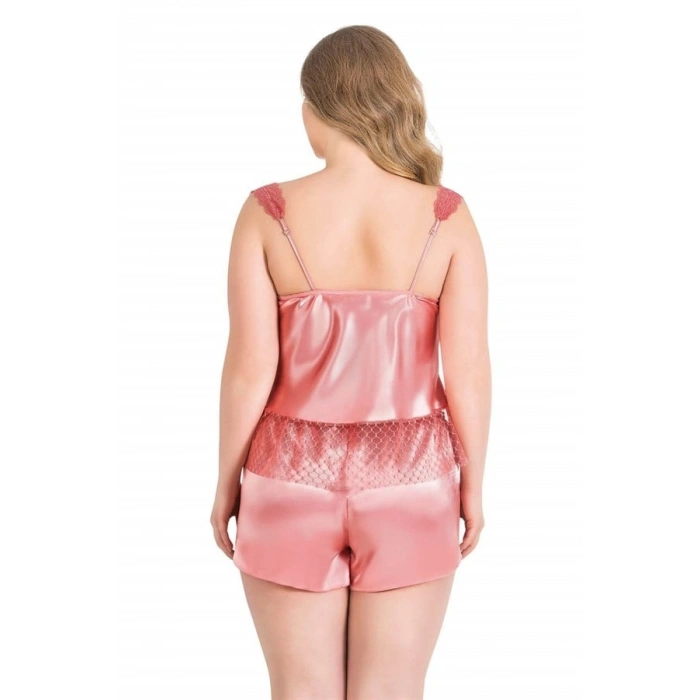 VipMarketim  Büyük Beden Mercan Saten Babydoll Şort Takımı