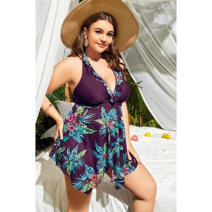 VipMarketim  Büyük Beden Mor Üstüne Çiçek Desenli Boyundan Bağlamalı Elbise