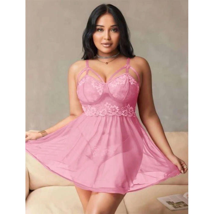 VipMarketim  Büyük Beden Pembe Dantel İşlemeli Göğüs Detaylı Tül Gecelik