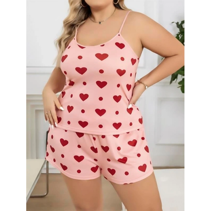 VipMarketim  Büyük Beden Pembe Kalp Desen Pamuklu Şortlu Pijama Takımı