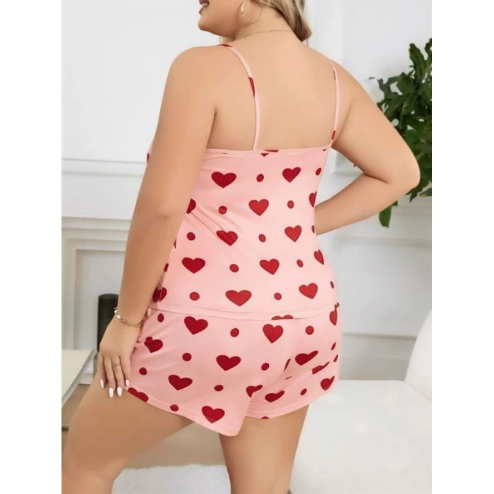 VipMarketim  Büyük Beden Pembe Kalp Desen Pamuklu Şortlu Pijama Takımı