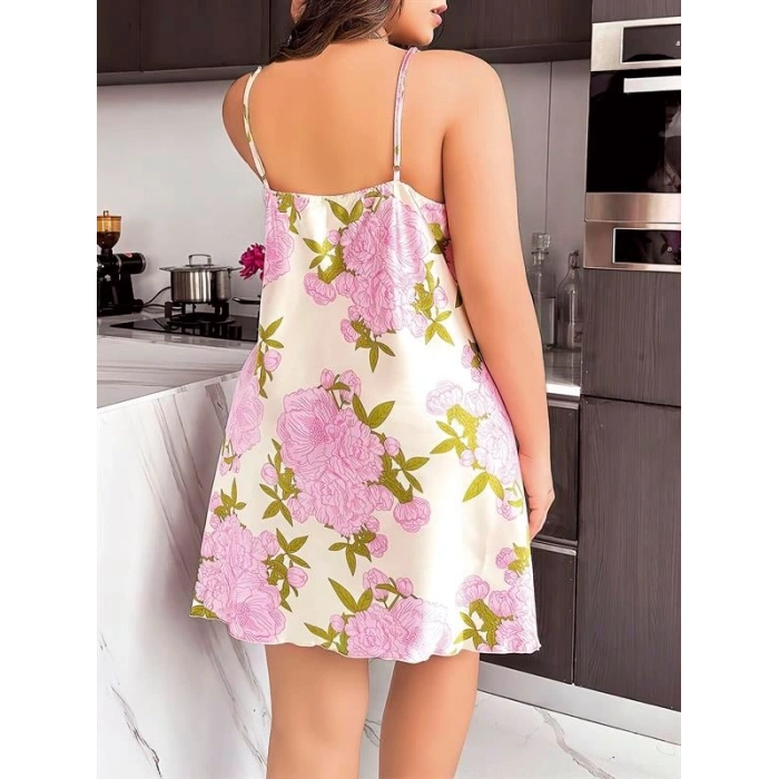 VipMarketim Büyük Beden Saten Çiçek Desenli Dantel İşlemeli Yırtmaçlı İnce Askılı Gecelik