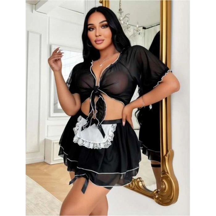 VipMarketim  Büyük Beden Siyah Bolerolu Fantezi Hizmetçi Kostümü