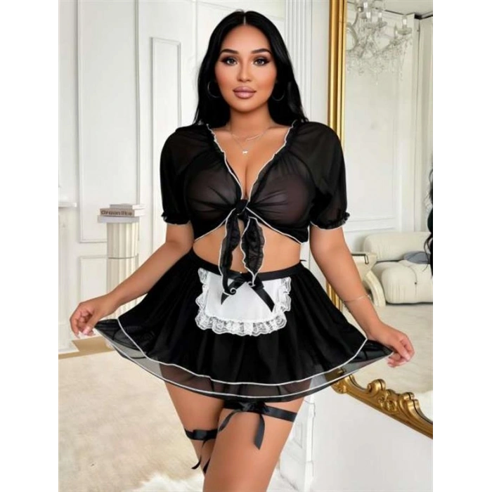 VipMarketim  Büyük Beden Siyah Bolerolu Fantezi Hizmetçi Kostümü