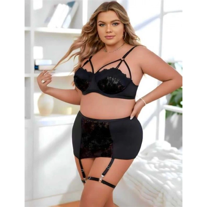 VipMarketim  Büyük Beden Siyah Dantel İşlemeli Dekolteli Jartiyer Takımı