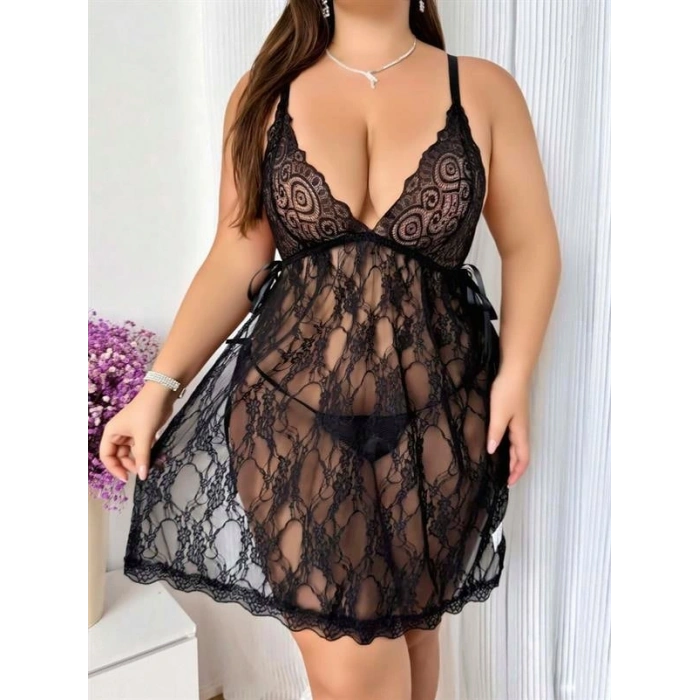 VipMarketim  Büyük Beden Siyah Dantel İşlemeli Fantezi Tül Gecelik