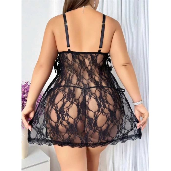 VipMarketim  Büyük Beden Siyah Dantel İşlemeli Fantezi Tül Gecelik