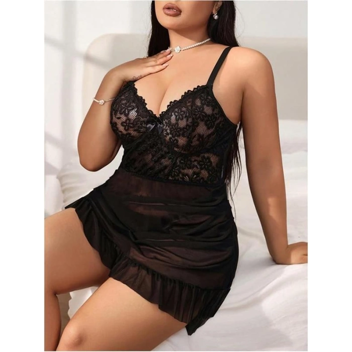 VipMarketim  Büyük Beden Siyah Dantel İşlemeli Fırfırlı Tül Gecelik