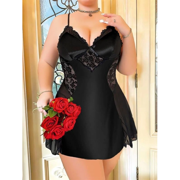 VipMarketim Büyük Beden Siyah Dantel İşlemeli İnce Askılı Saten Gecelik