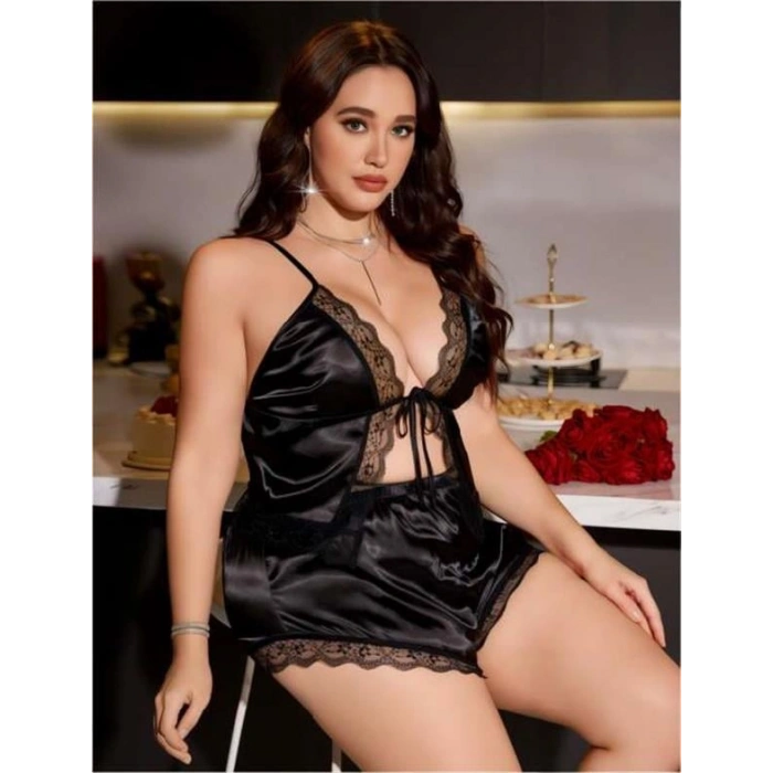 VipMarketim  Büyük Beden Siyah Dantel İşlemeli Saten Şortlu Takım