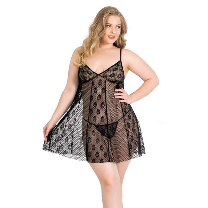 VipMarketim  Büyük Beden Siyah Kısa Tül Gecelik