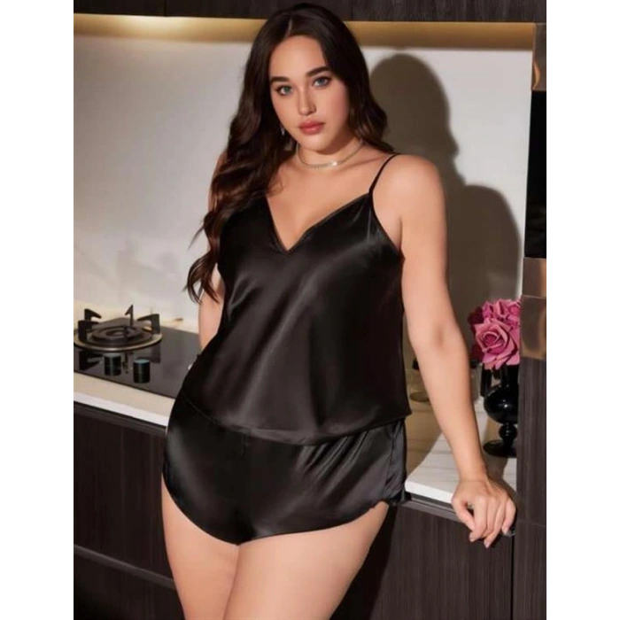 VipMarketim  Büyük Beden Siyah Saten Şortlu Takım