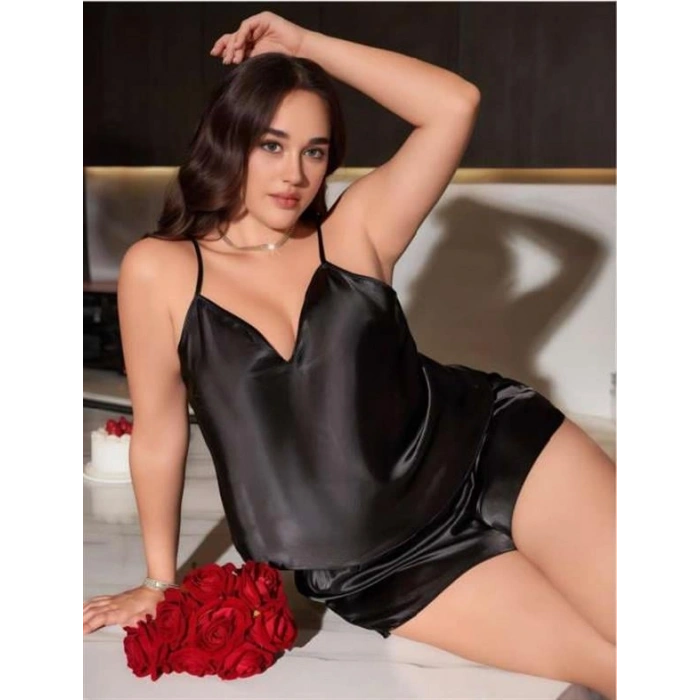 VipMarketim  Büyük Beden Siyah Saten Şortlu Takım