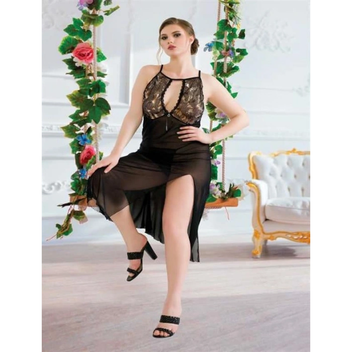 VipMarketim  Büyük Beden Siyah Tül Fantezi Uzun Yırtmaçlı Gecelik