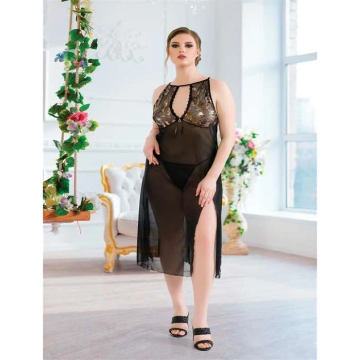 VipMarketim  Büyük Beden Siyah Tül Fantezi Uzun Yırtmaçlı Gecelik