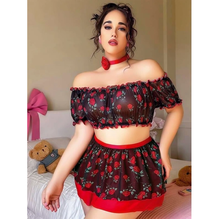 VipMarketim Büyük Beden Siyah Üstüne Gül Desenli Fantezi Etekli Büstiyer Takımı