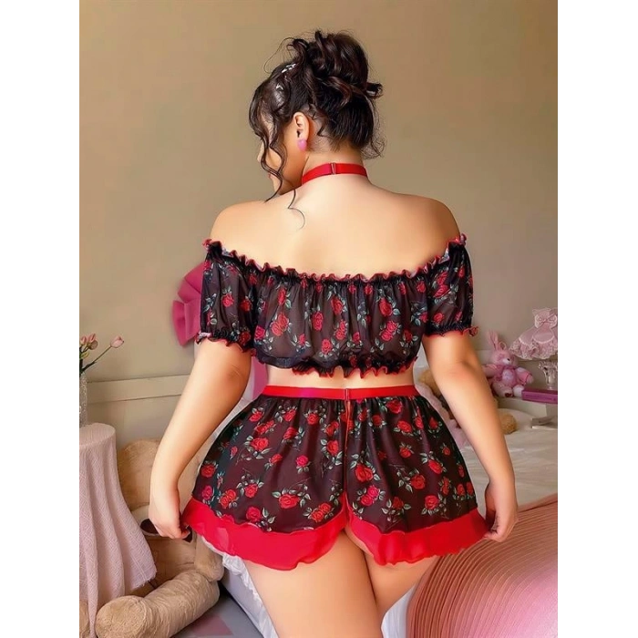 VipMarketim Büyük Beden Siyah Üstüne Gül Desenli Fantezi Etekli Büstiyer Takımı