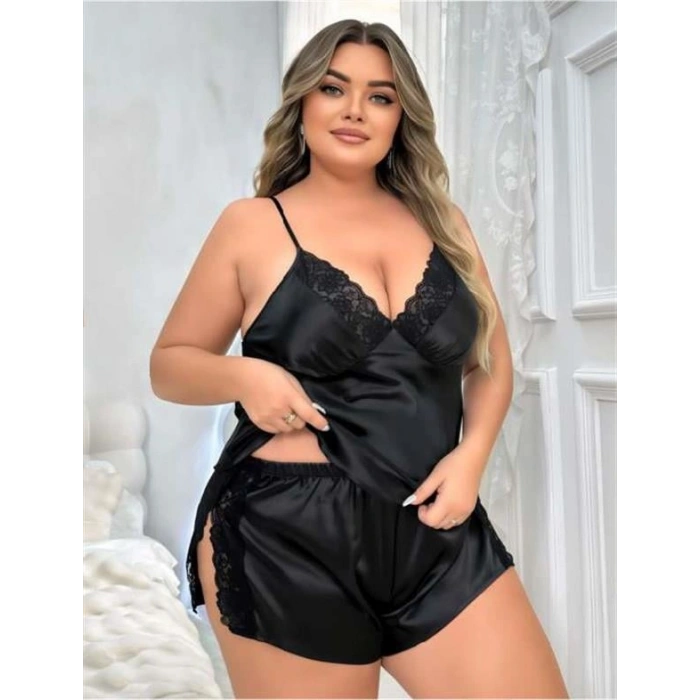 VipMarketim  Büyük Beden Siyah Yırtmaç Dantel İşlemeli Saten Şortlu Takım