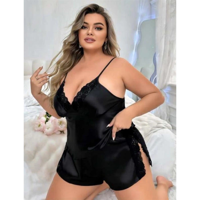 VipMarketim  Büyük Beden Siyah Yırtmaç Dantel İşlemeli Saten Şortlu Takım