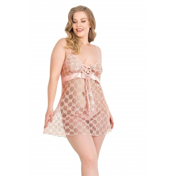 VipMarketim  Büyük Beden Somon Kısa Tül Gecelik