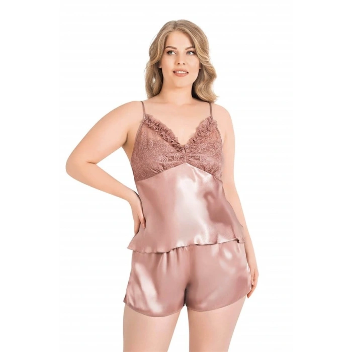 VipMarketim  Büyük Beden Vizon Saten Babydoll Şort Takımı