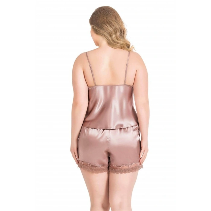 VipMarketim Büyük Beden Vizon Saten Babydoll Şort Takımı