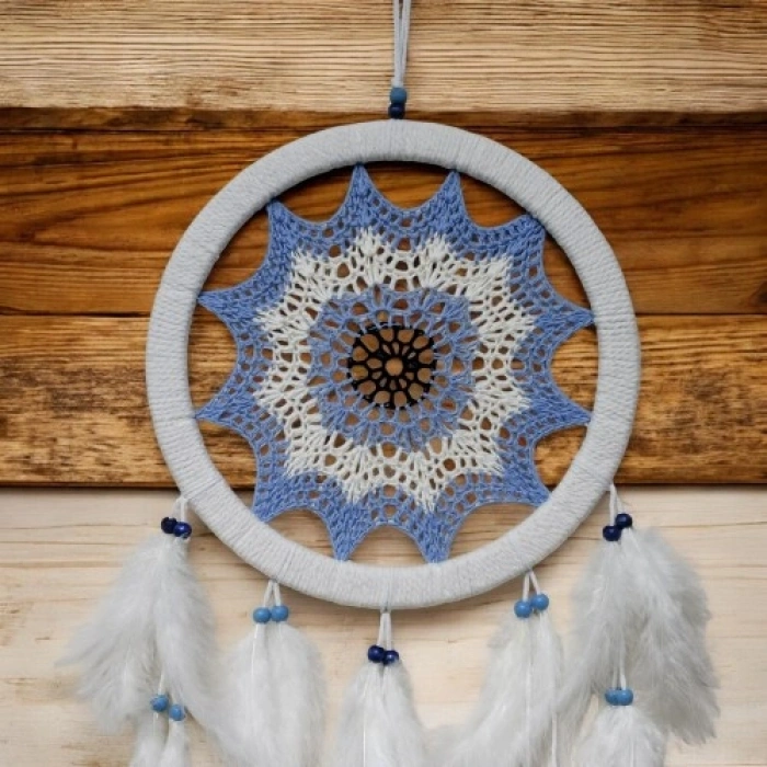 VipMarketim Buz Mavisi Renginde Nazar Motifli Kuş Tüylü Duvar Süsü