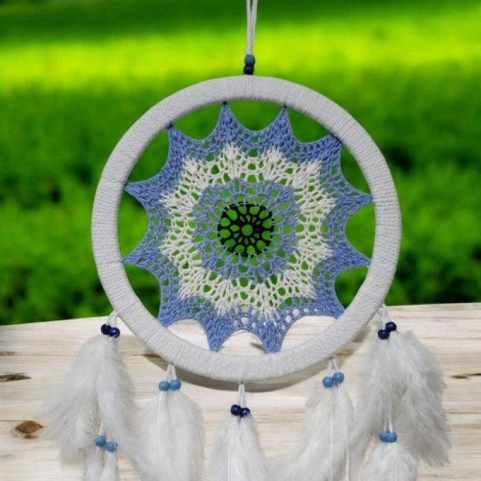 VipMarketim Buz Mavisi Renginde Nazar Motifli Kuş Tüylü Duvar Süsü