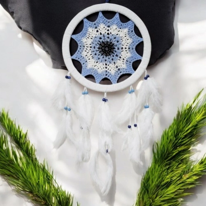 VipMarketim Buz Mavisi Renginde Nazar Motifli Kuş Tüylü Duvar Süsü