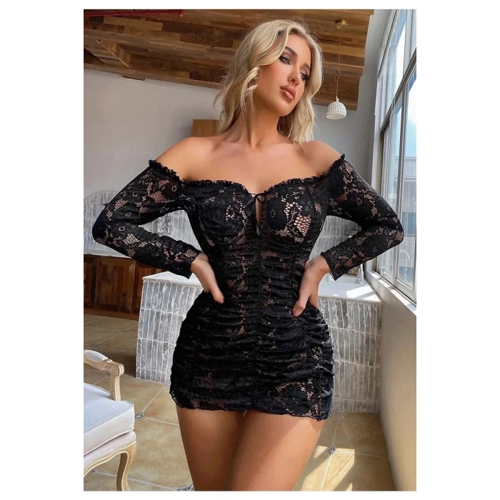 VipMarketim Büzgülü Dantelli Kayık Yaka Elbise Büyük Bedenlere Uygun