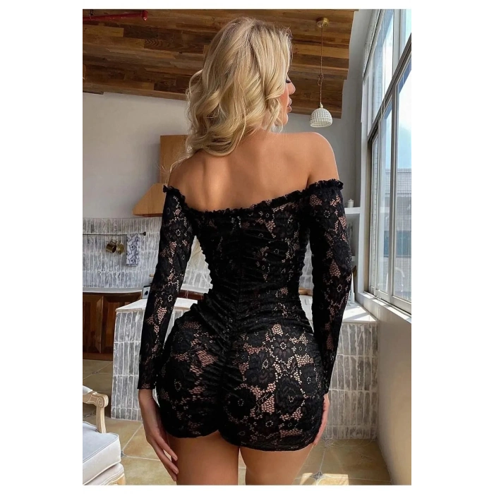 VipMarketim Büzgülü Dantelli Kayık Yaka Elbise Büyük Bedenlere Uygun