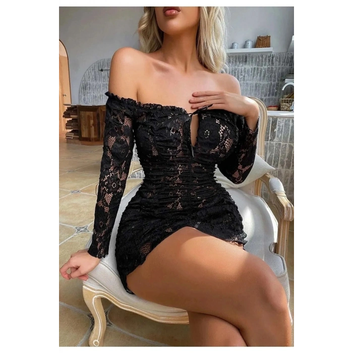 VipMarketim Büzgülü Dantelli Kayık Yaka Elbise Büyük Bedenlere Uygun