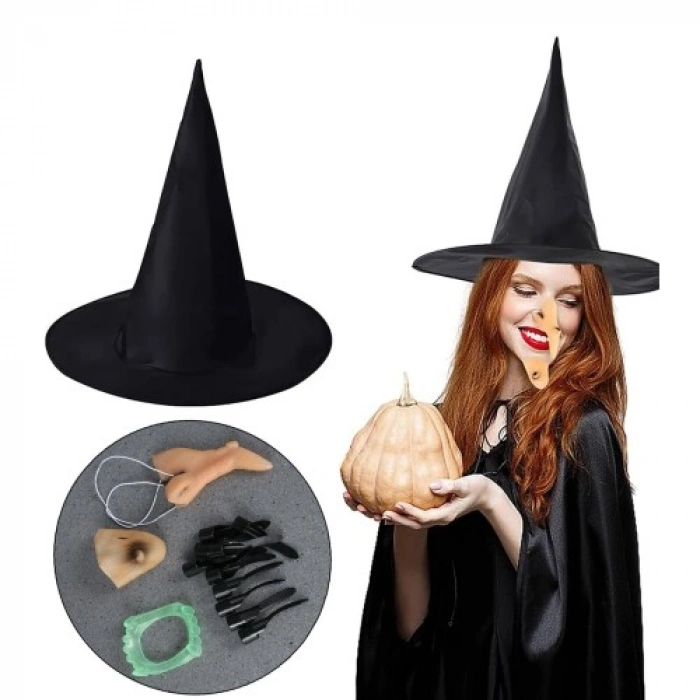 VipMarketim Cadı Şapkası Cadı Tırnakları Cadı Burnu Cadı Çenesi Cadı Diş Seti