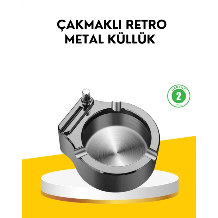 VipMarketim Çakmaklı Küllük Paslanmaz Metal Yuvarlak Tasarım