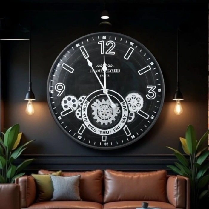 VipMarketim Çarklı Duvar Saati Gümüş Detaylı 59 cm