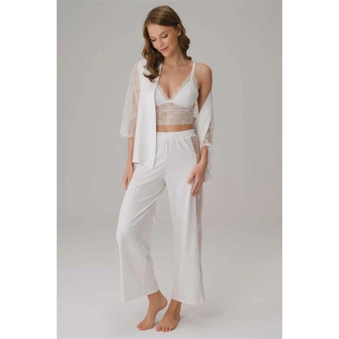 Vipmarketim Çeyizlik İp Askılı V Yaka Kadın Düz Yazlık Uzun Dantel Detaylı Pijama Takımı Sabahlık Anıl (kod:5783)
