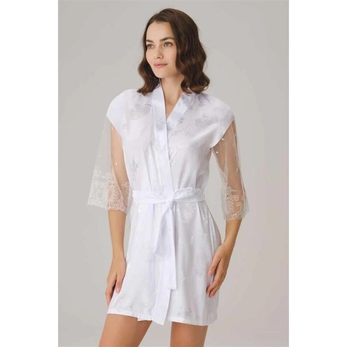VipMarketim Çeyizlik Uzun Kol V Yaka Kadın Saten Düz Yazlık Mini Dantel Detaylı Sabahlık Anıl (Kod:5784)