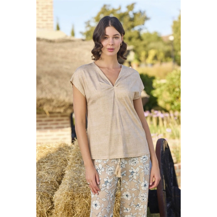 Vipmarketim Çiçek Deseni V Yaka Pijama Takımı