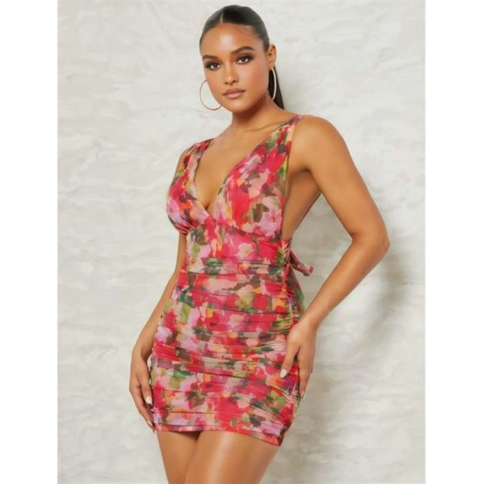 VipMarketim  Çiçek Desenli Büzgülü Arkadan Bağlamalı Fantezi Elbise