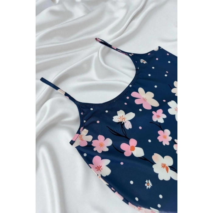 VipMarketim Çiçek Desenli Mavi Askılı Gecelik