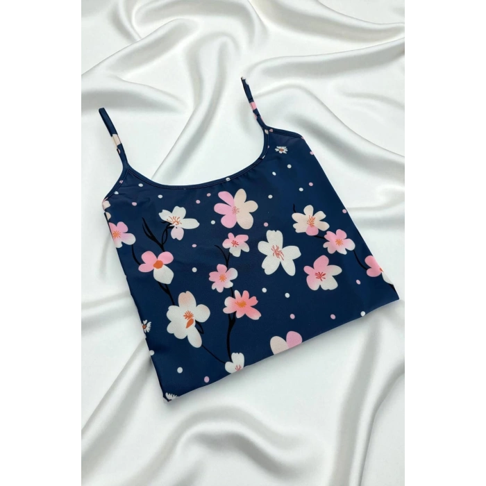 VipMarketim Çiçek Desenli Mavi Askılı Gecelik