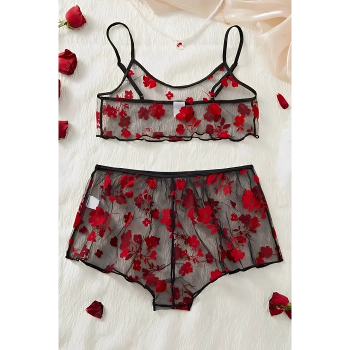 VipMarketim Çiçek Desenli Siyah Transparan Şortlu Gecelik TM1377