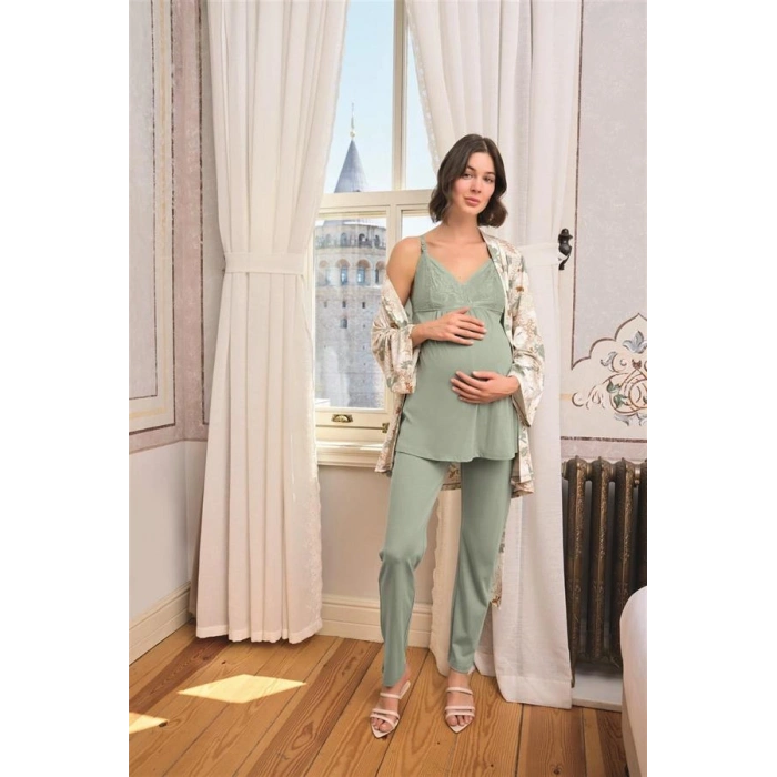 Vipmarketim Çiçek Ve Yaprak Desenli Dantelli Hamile Lohusa 3lü Pijama Takımı