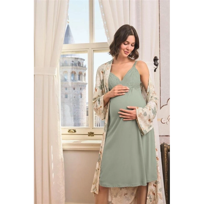 Vipmarketim Çiçek Ve Yaprak Desenli Dantelli Hamile Lohusa Sabahlık Takımı