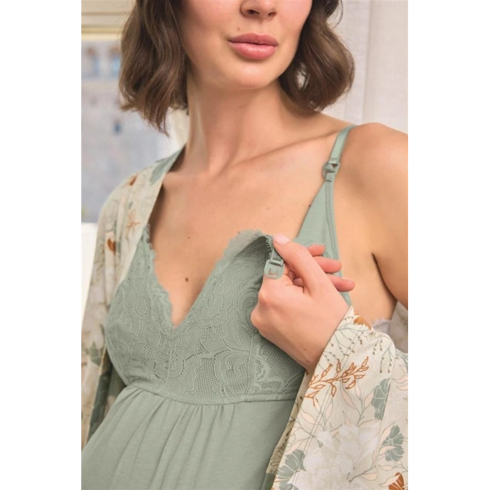 Vipmarketim Çiçek Ve Yaprak Desenli Dantelli Hamile Lohusa Sabahlık Takımı