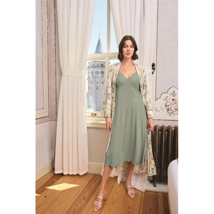 VipMarketim Çiçek Ve Yaprak Desenli Dantelli Ve Dekolteli Sabahlık Takımı