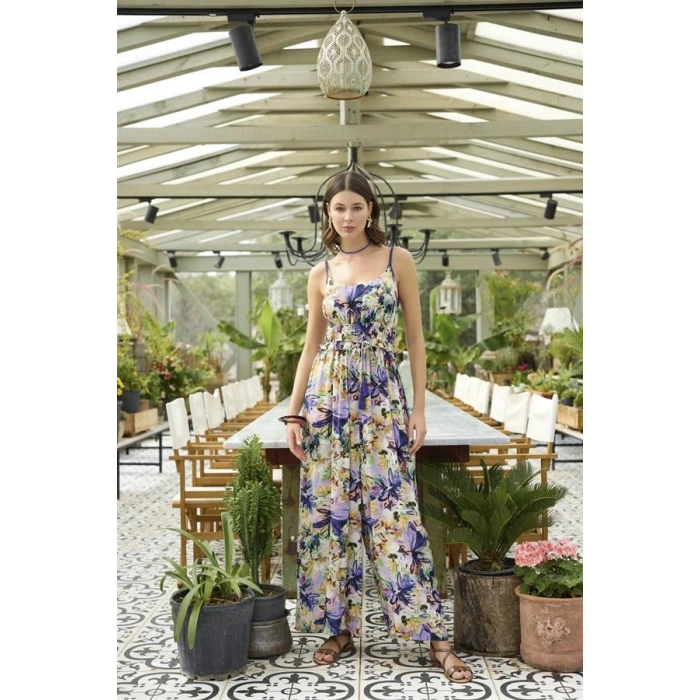 VipMarketim Çiçek Ve Yaprak Desenli İp Askılı Tulum