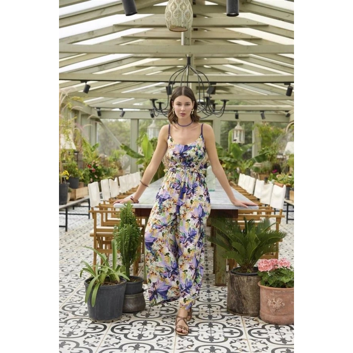 VipMarketim Çiçek Ve Yaprak Desenli İp Askılı Tulum