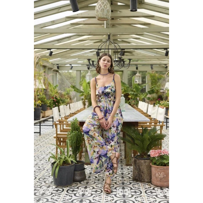 Vipmarketim Çiçek Ve Yaprak Desenli İp Askılı Tulum