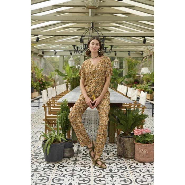 Vipmarketim Çiçek Ve Yaprak Desenli Önü Düğmeli Alt Üst Takım